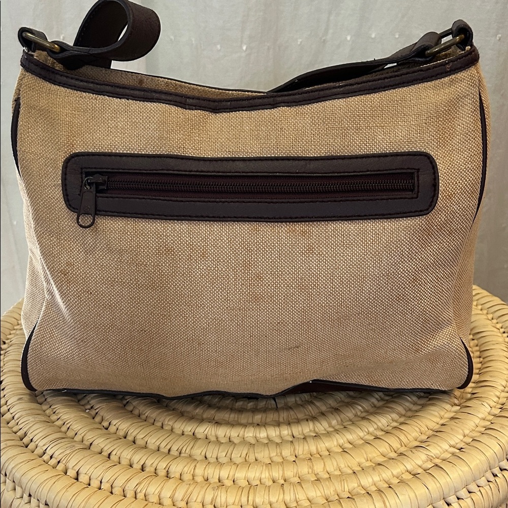 Heritage Etienne Aigner Bag Tan Canvas with Burgundy Leather Trim - Picture 3 of 14